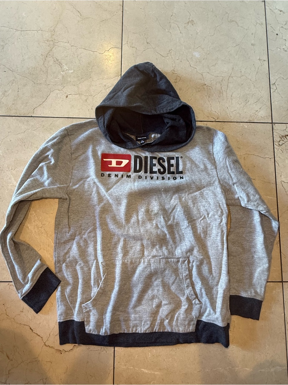 Diesel Gray Hoodie with Black Trim and Red Logo